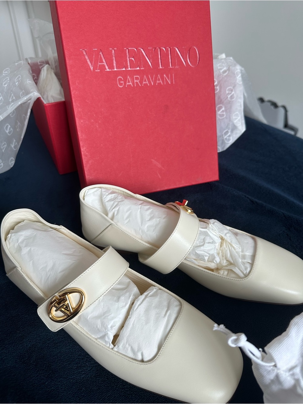Valentino Garavani Cream Leather Mary Jane Flats with Gold Logo